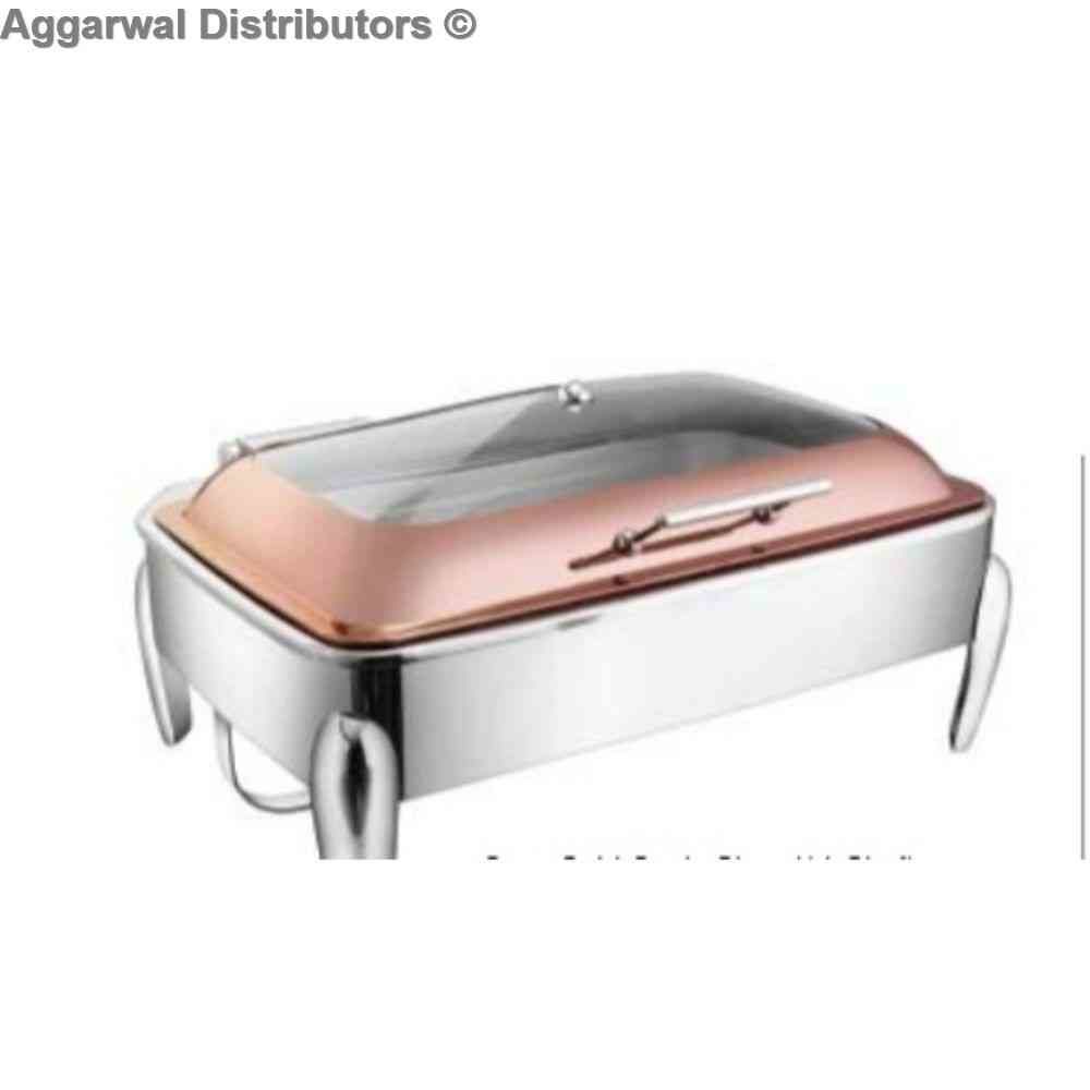 Venus Rose Gold Rect. Glass Lid Chafing Dish With Chic Leg 900/GL/RG/CHIC Cap:- 12 ltrs 1