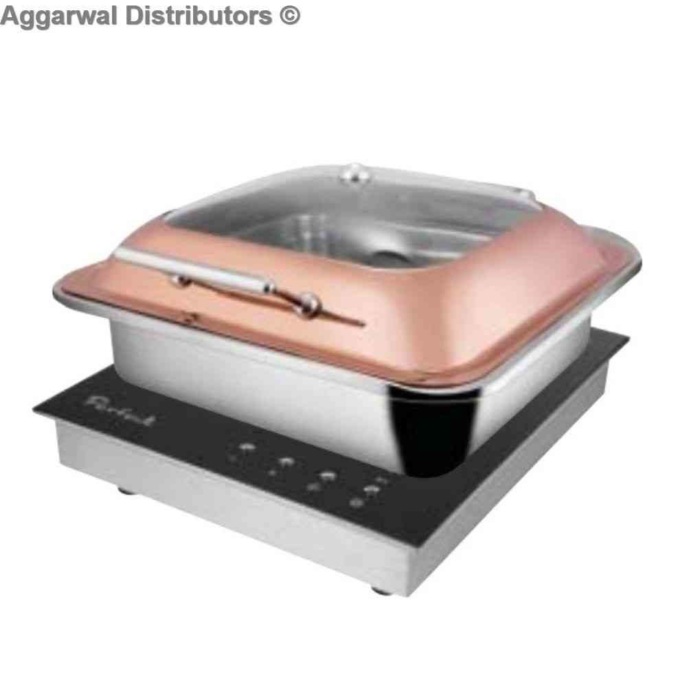 Venus Rose Gold Square Glass Lid Chafing Dish With Induction Plate 600/GL/RG/IP Cap:- 6.5 ltrs 1