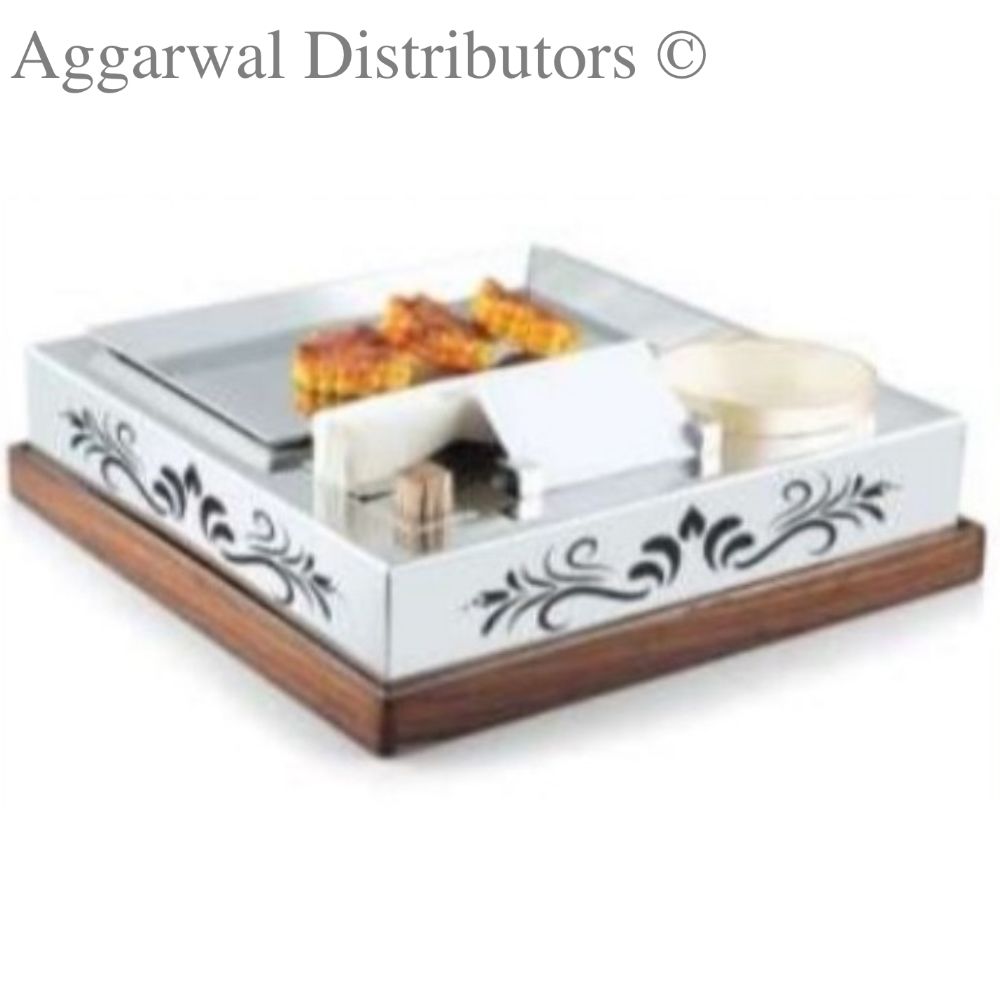 SS Square Snack Warmer set with Wooden Base
